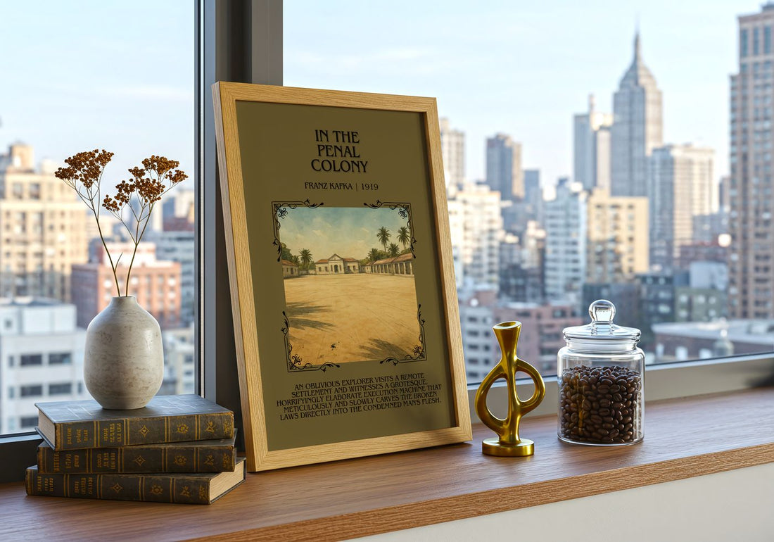 In The Penal Colony Minimalist Book Poster by Franz Kafka – framed print on a city-view windowsill