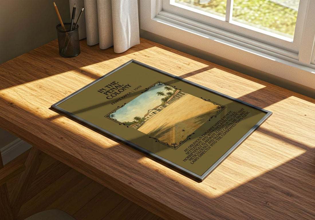 In The Penal Colony Minimalist Book Poster by Franz Kafka – print on a sunlit desk