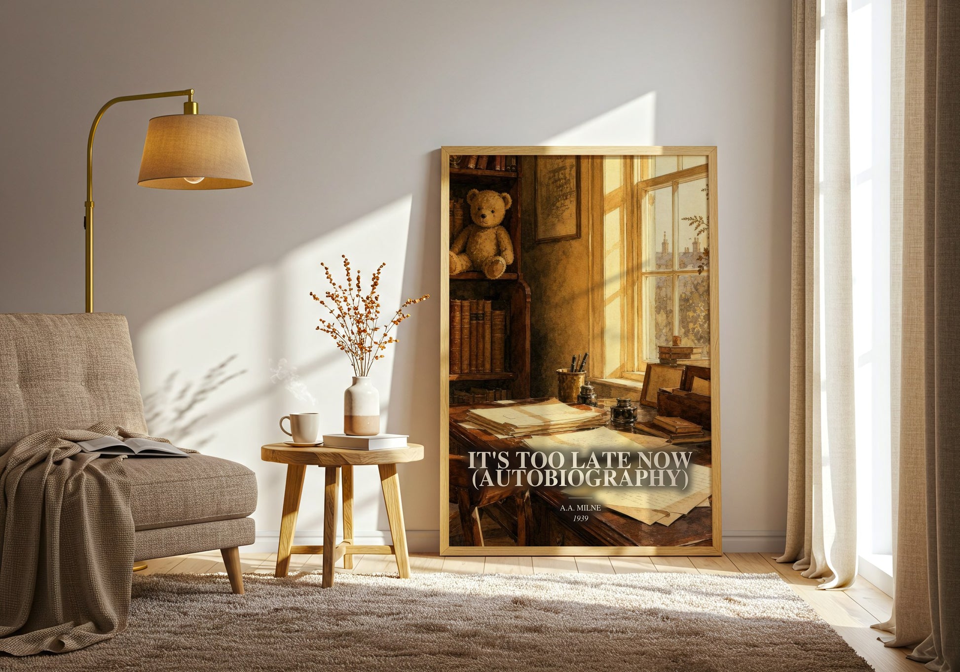 It'S Too Late Now (Autobiography) watercolour print in frame leaning in hallway – memoir wall art