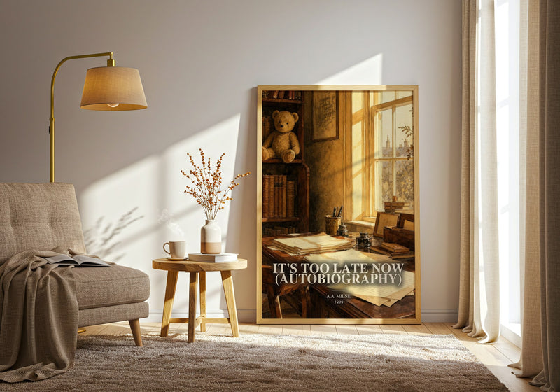 It'S Too Late Now (Autobiography) watercolour print in frame leaning in hallway – memoir wall art
