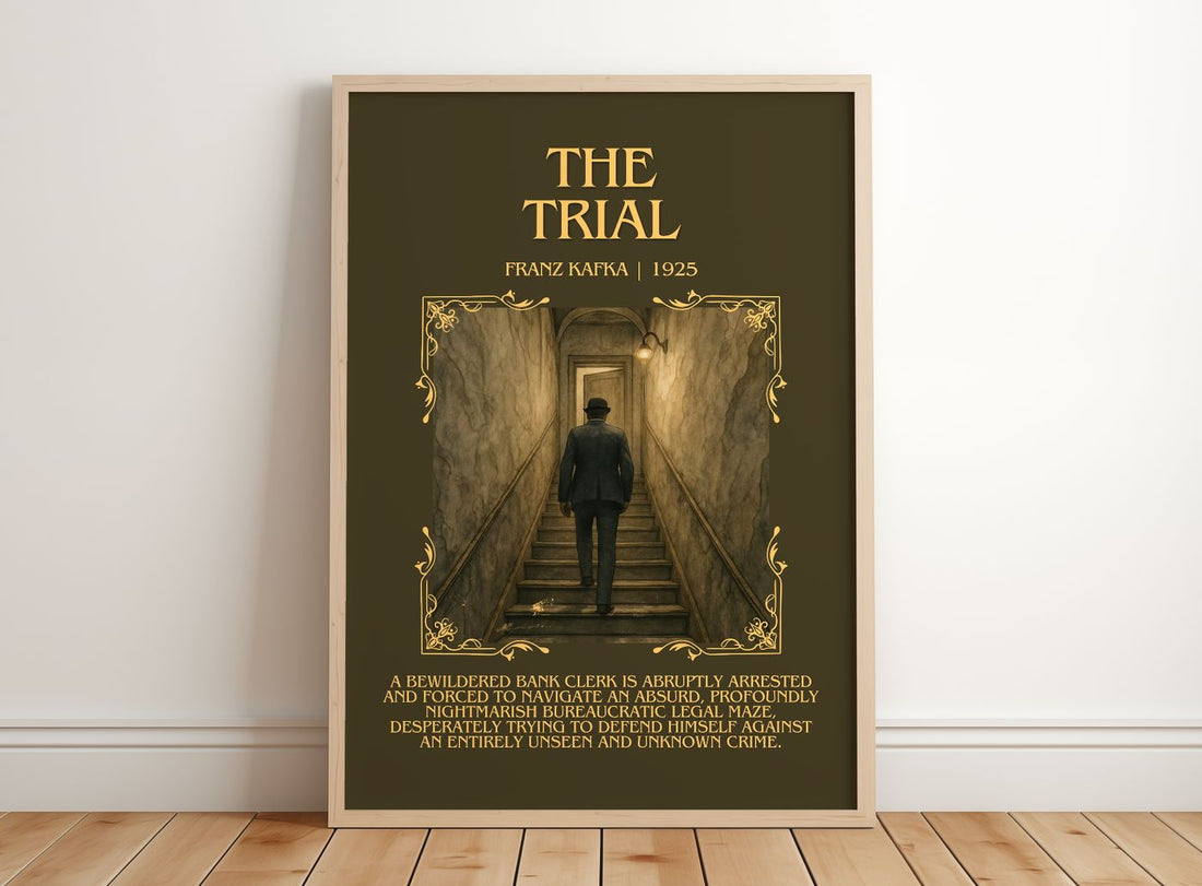 The Trial Minimalist Book Poster by Franz Kafka – framed print leaning on a wooden floor