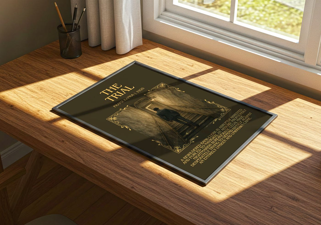 The Trial Minimalist Book Poster by Franz Kafka – print on a sunlit desk