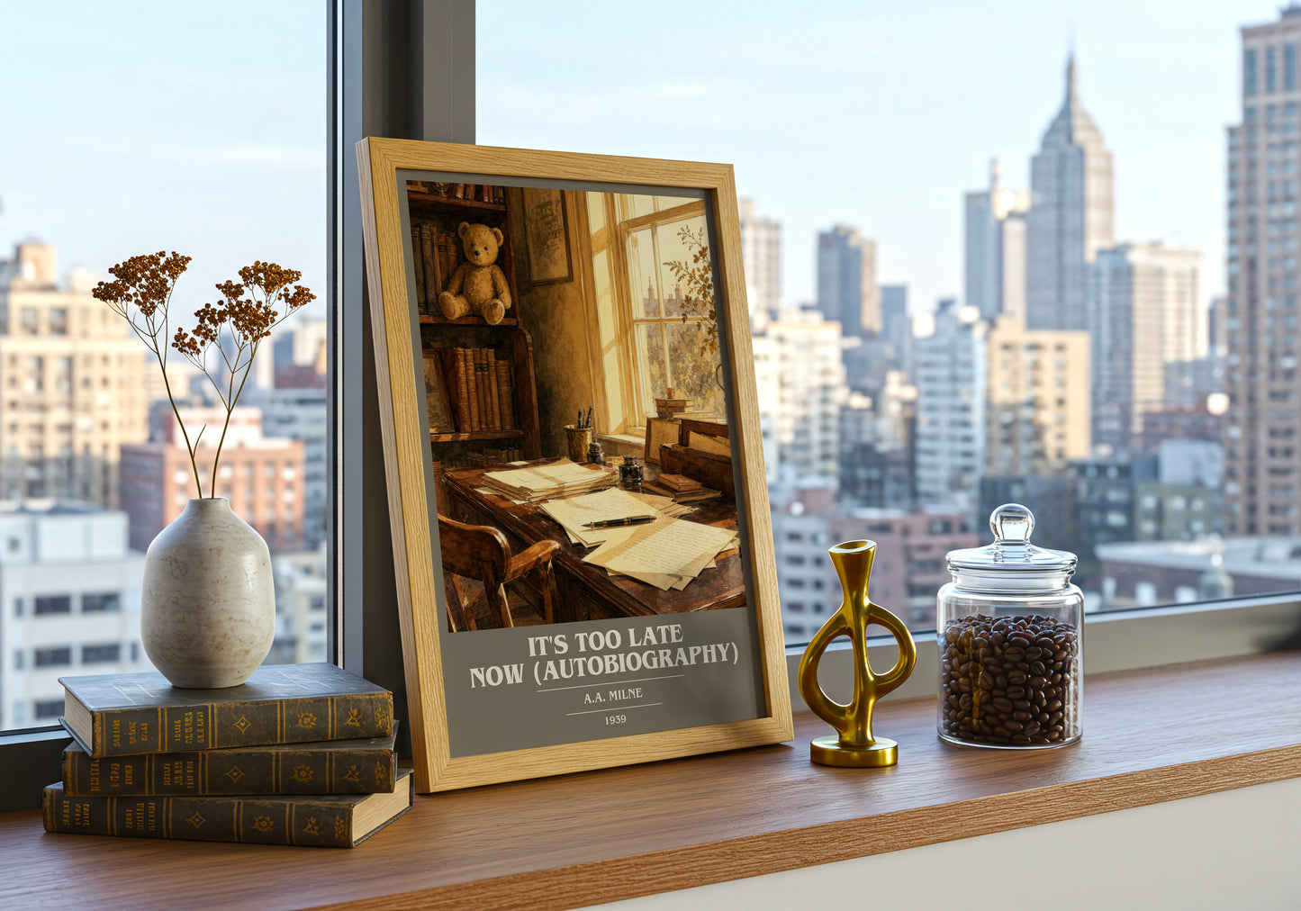 It'S Too Late Now (Autobiography) book cover print framed by window – literary home decor