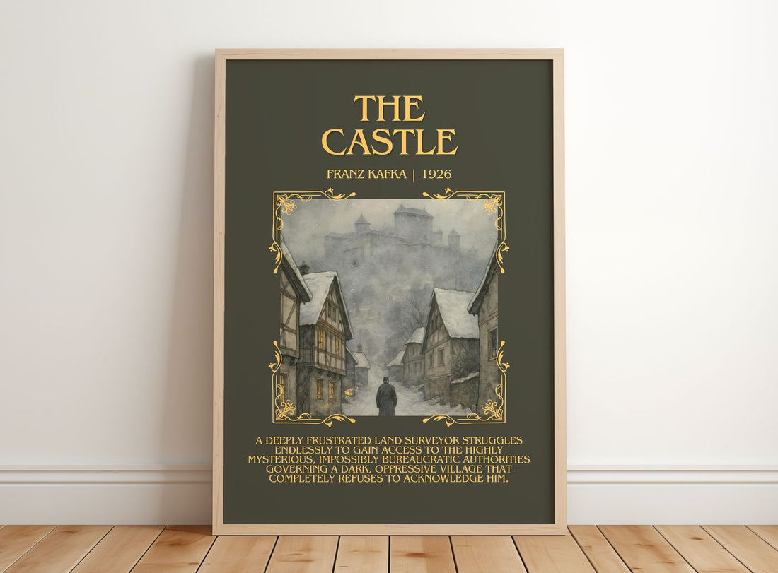 The Castle Minimalist Book Poster by Franz Kafka – framed print leaning on a wooden floor