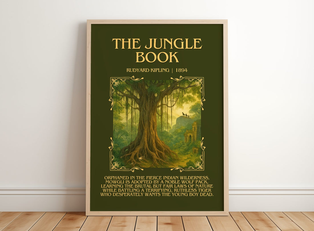 The Jungle Book Minimalist Book Poster by Rudyard Kipling – framed print leaning on a wooden floor