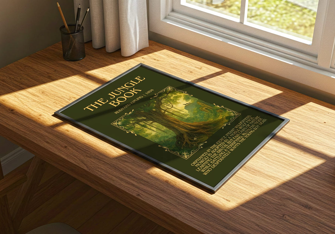 The Jungle Book Minimalist Book Poster by Rudyard Kipling – print on a sunlit desk