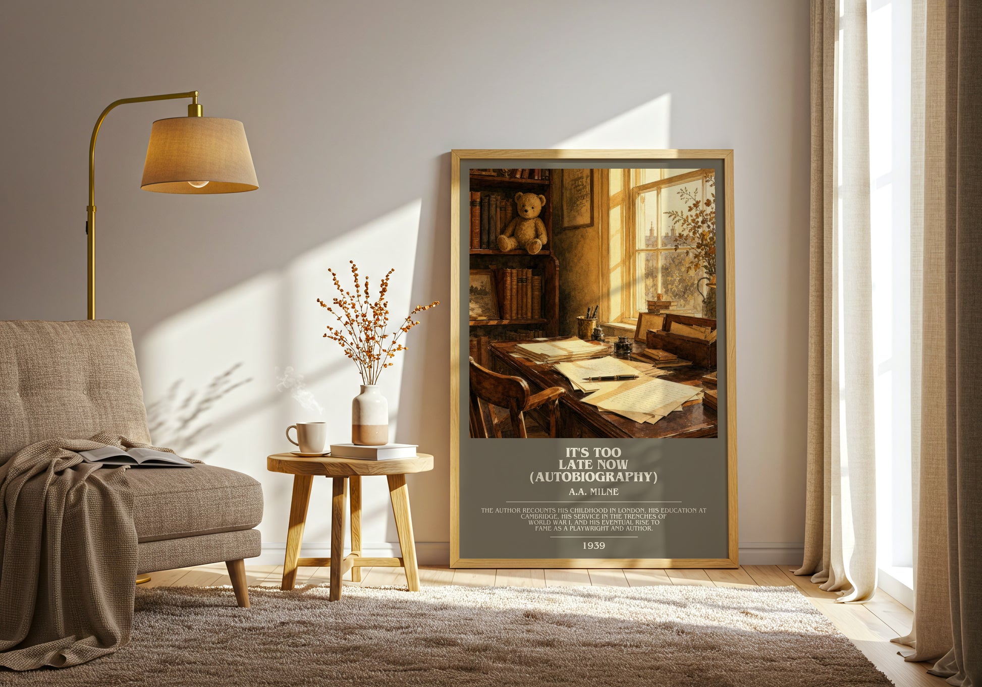 It'S Too Late Now (Autobiography) bookish print on bookshelf – A.A. Milne fan gift