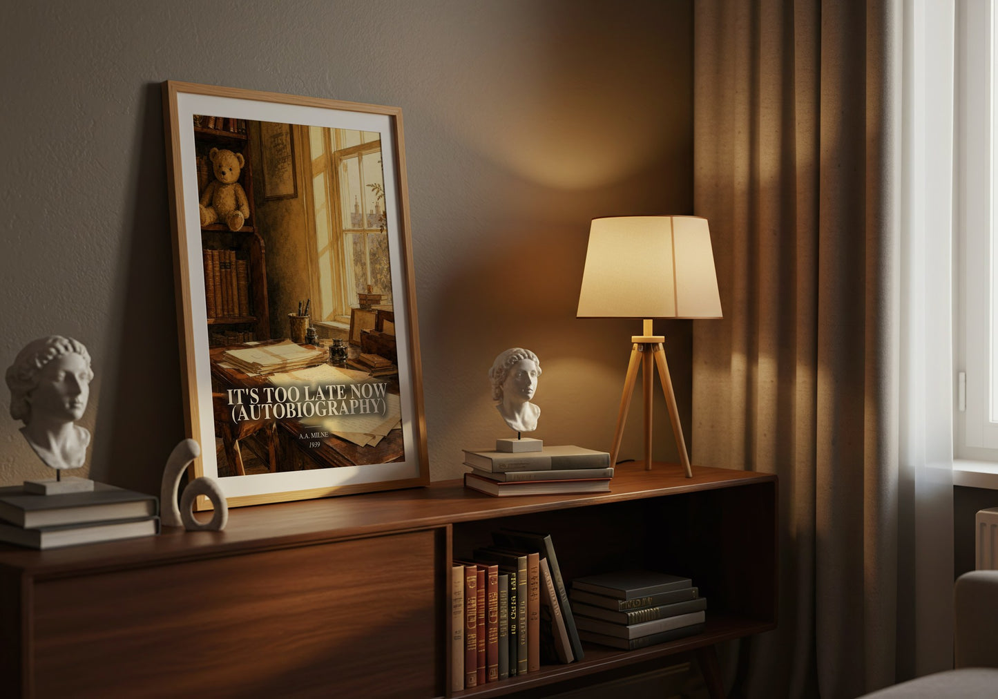 It'S Too Late Now (Autobiography) watercolour print on bookshelf – A.A. Milne fan gift