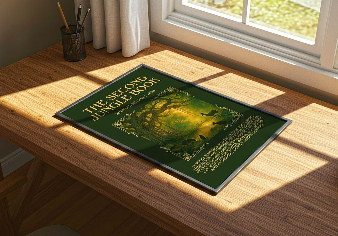 The Second Jungle Book Minimalist Book Poster by Rudyard Kipling – print on a sunlit desk
