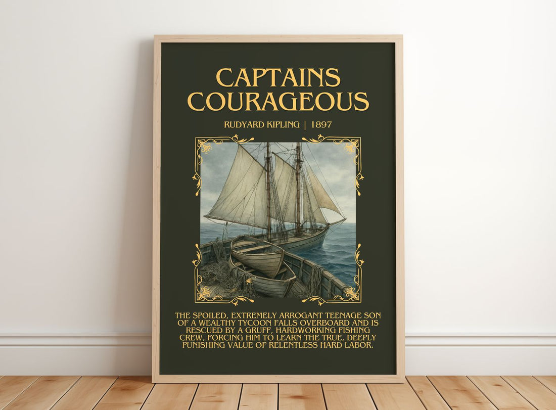 Captains Courageous Minimalist Book Poster by Rudyard Kipling – framed print leaning on a wooden floor