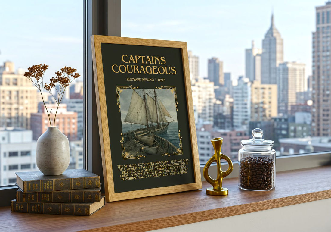 Captains Courageous Minimalist Book Poster by Rudyard Kipling – framed print on a city-view windowsill