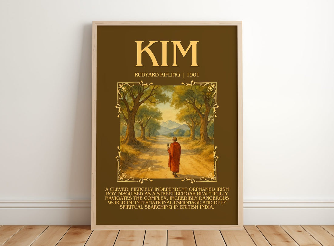 Kim Minimalist Book Poster by Rudyard Kipling – framed print leaning on a wooden floor