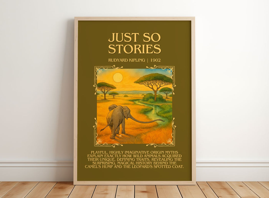 Just So Stories Minimalist Book Poster by Rudyard Kipling – framed print leaning on a wooden floor