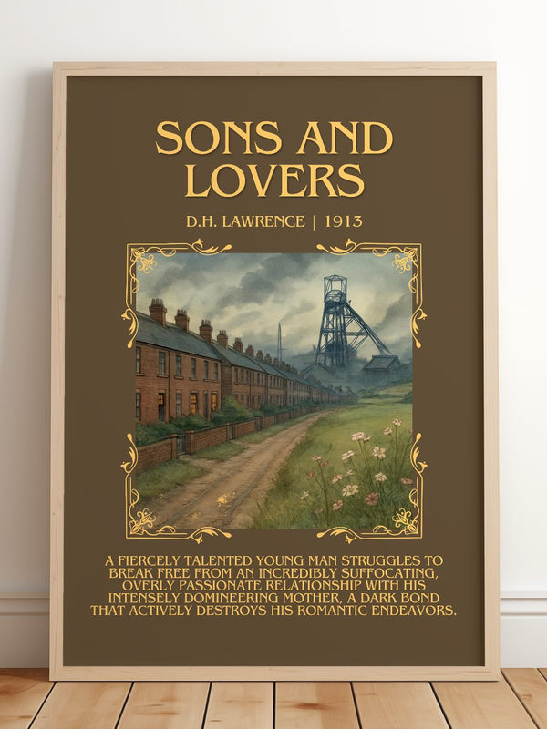 Sons And Lovers Minimalist Book Poster by D.H. Lawrence – framed print leaning on a wooden floor