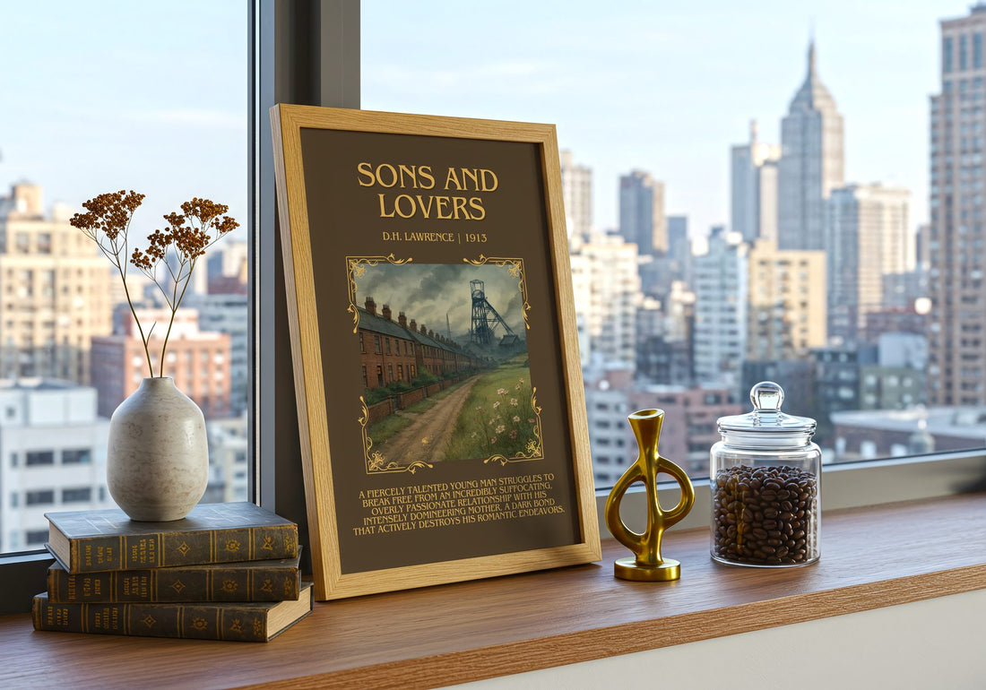 Sons And Lovers Minimalist Book Poster by D.H. Lawrence – framed print on a city-view windowsill