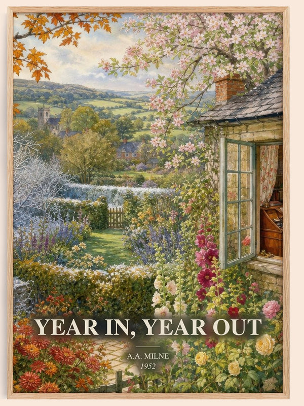 Year In, Year Out watercolour book poster by A.A. Milne – framed literary art print