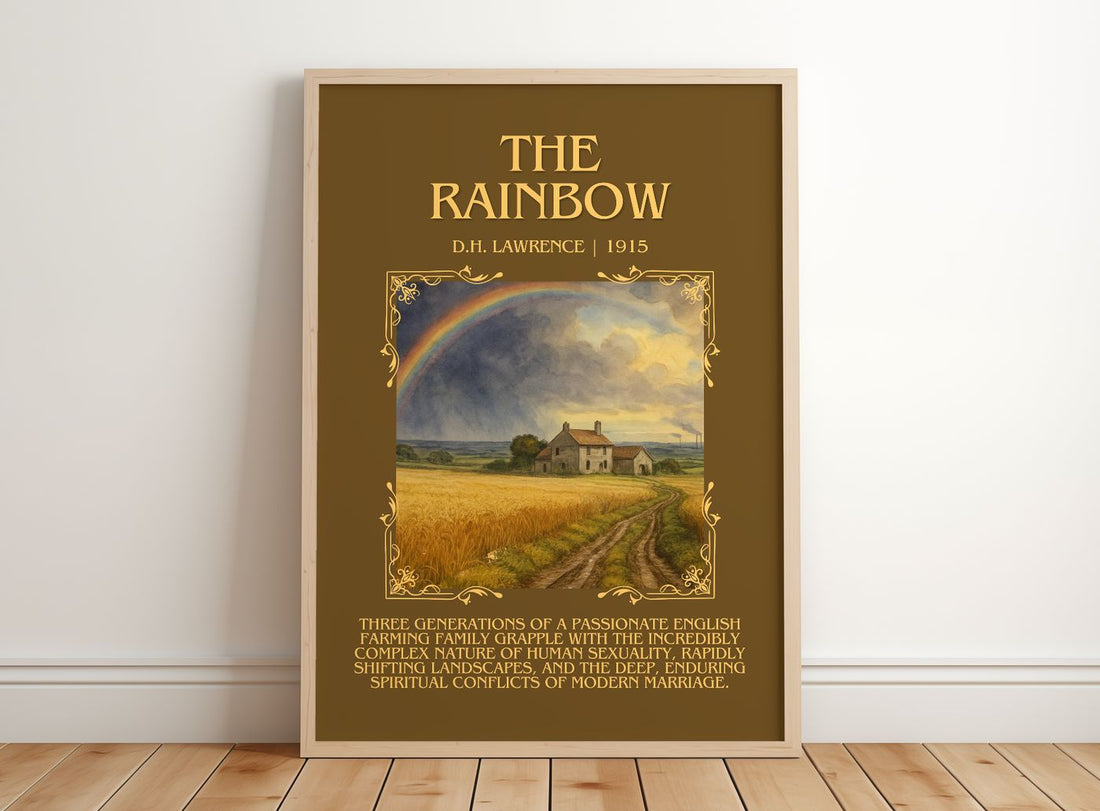 The Rainbow Minimalist Book Poster by D.H. Lawrence – framed print leaning on a wooden floor