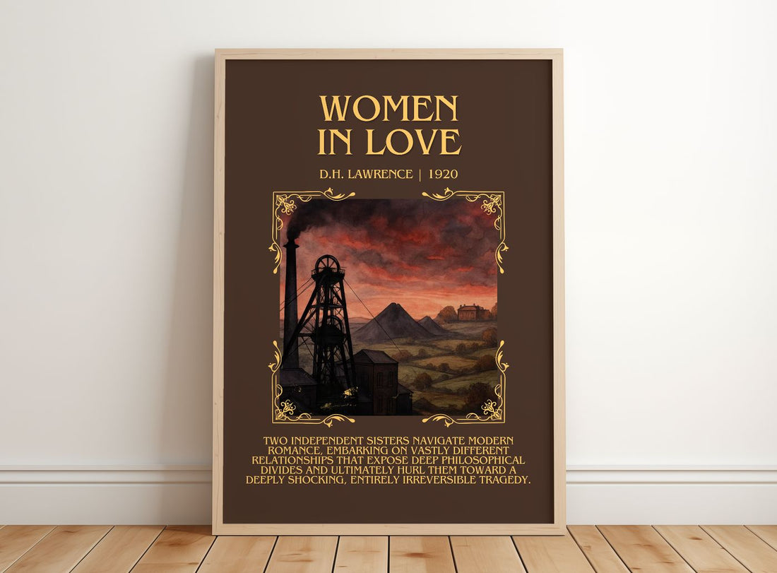 Women In Love Minimalist Book Poster by D.H. Lawrence – framed print leaning on a wooden floor