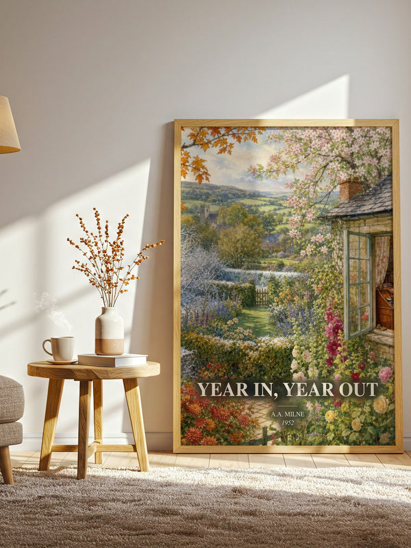 Year In, Year Out watercolour print in frame leaning in hallway – non fiction wall art