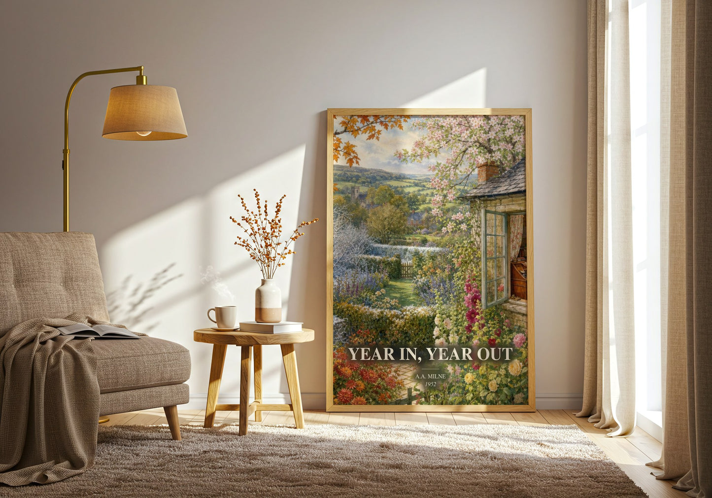 Year In, Year Out watercolour print in frame leaning in hallway – non fiction wall art