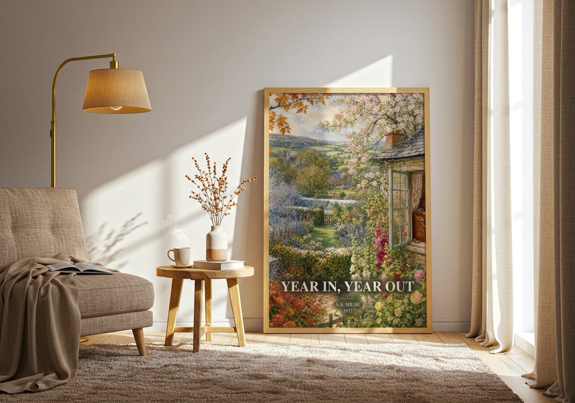 Year In, Year Out watercolour print in frame leaning in hallway – non fiction wall art