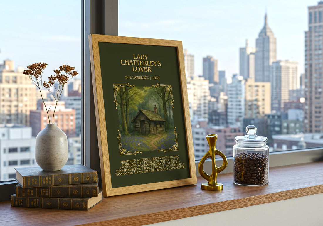 Lady Chatterley'S Lover Minimalist Book Poster by D.H. Lawrence – framed print on a city-view windowsill