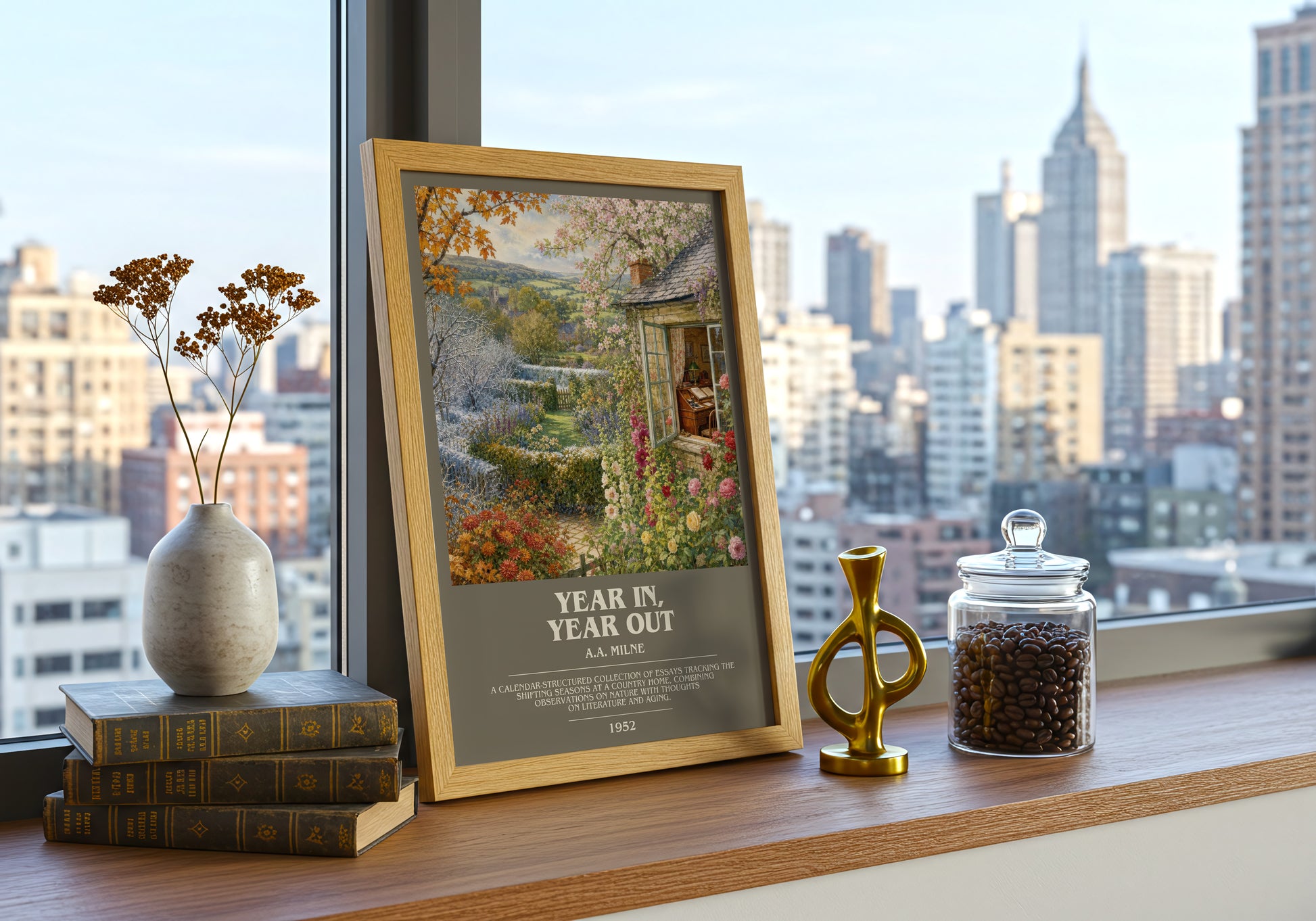 Year In, Year Out bookish print framed by window – literary home decor