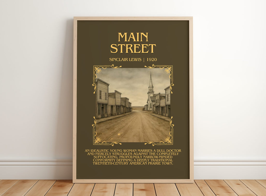 Main Street Minimalist Book Poster by Sinclair Lewis – framed print leaning on a wooden floor