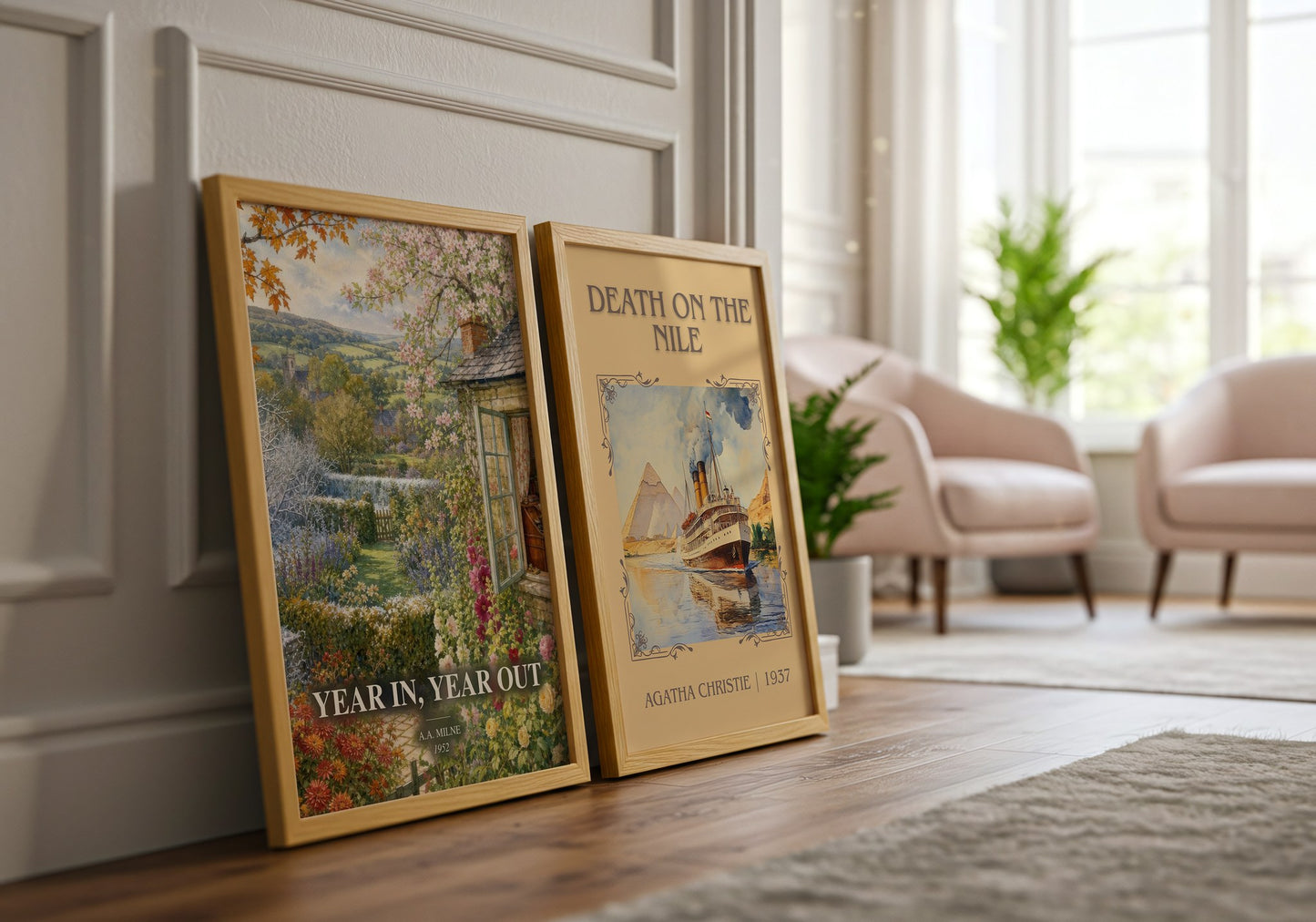 Year In, Year Out watercolour print framed by window – literary home decor