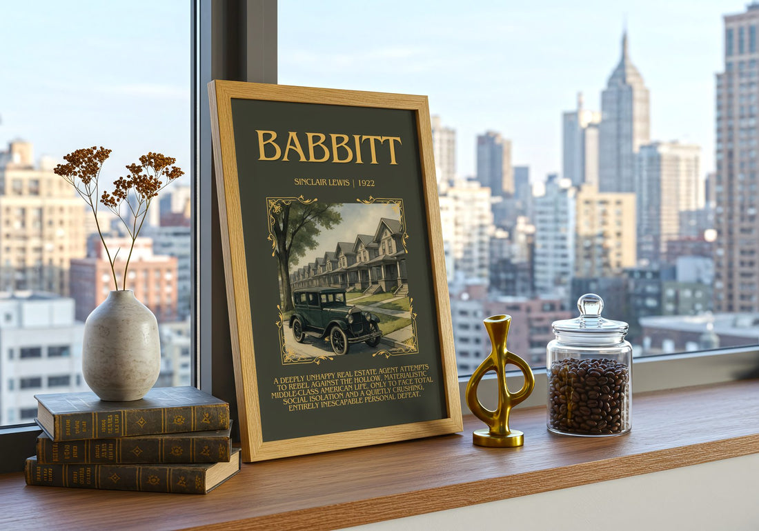 Babbitt Minimalist Book Poster by Sinclair Lewis – framed print on a city-view windowsill