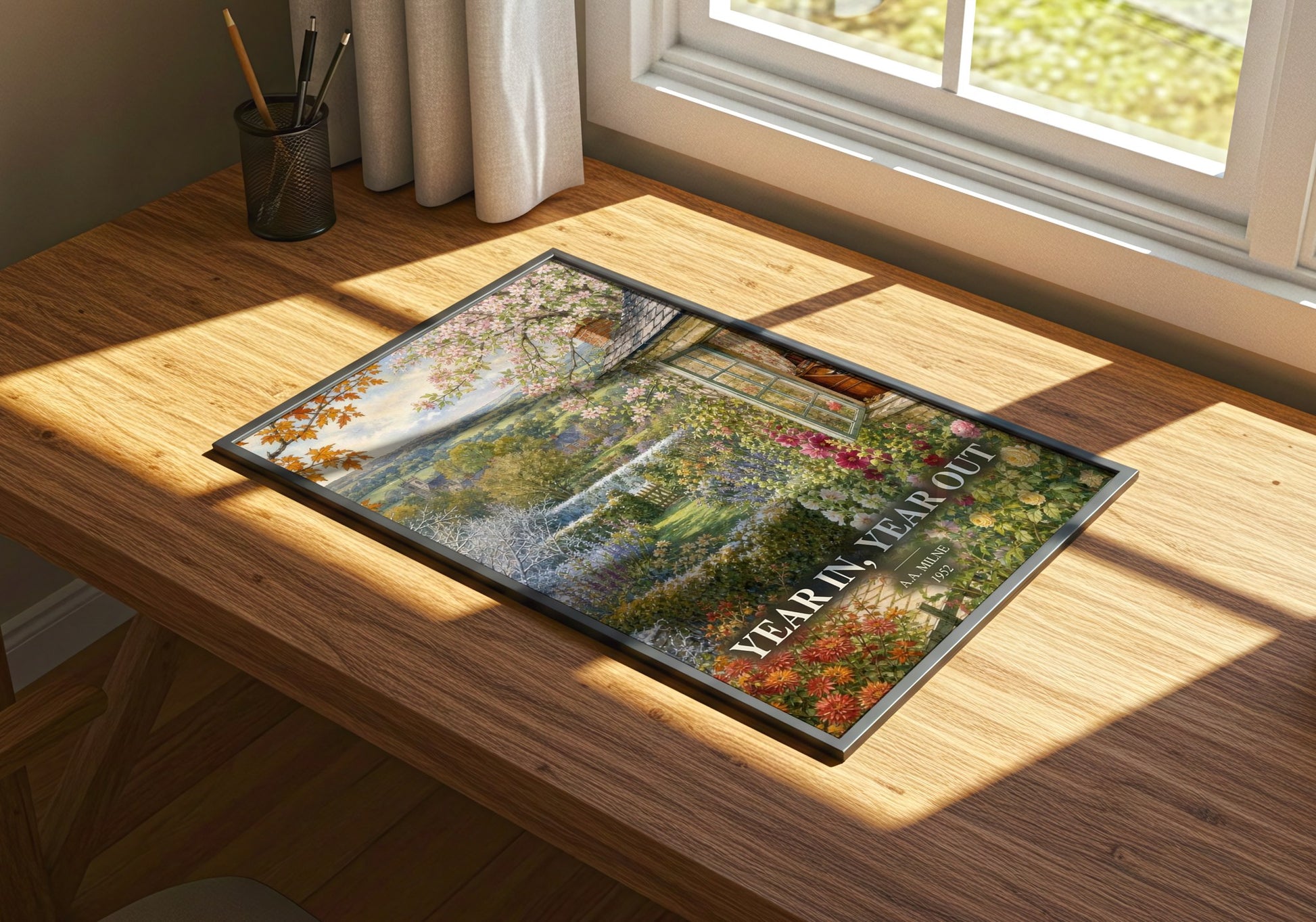 Year In, Year Out watercolour book poster framed on wall – non fiction wall art