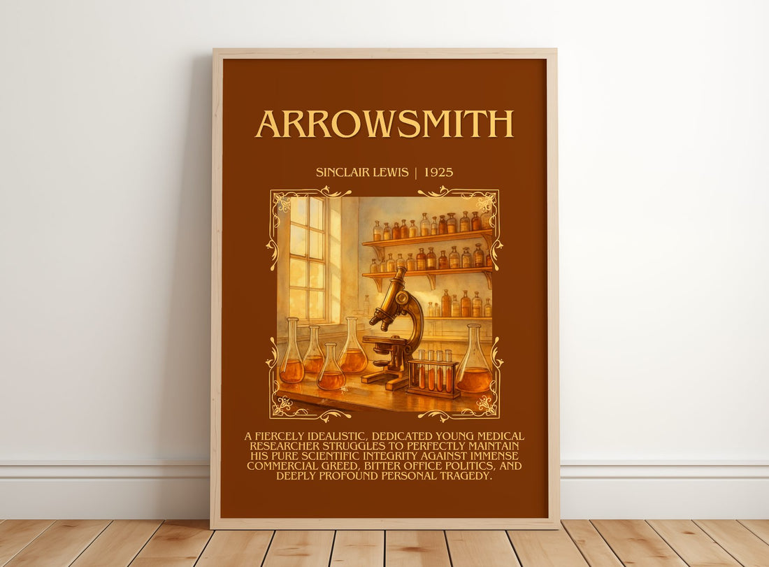 Arrowsmith Minimalist Book Poster by Sinclair Lewis – framed print leaning on a wooden floor