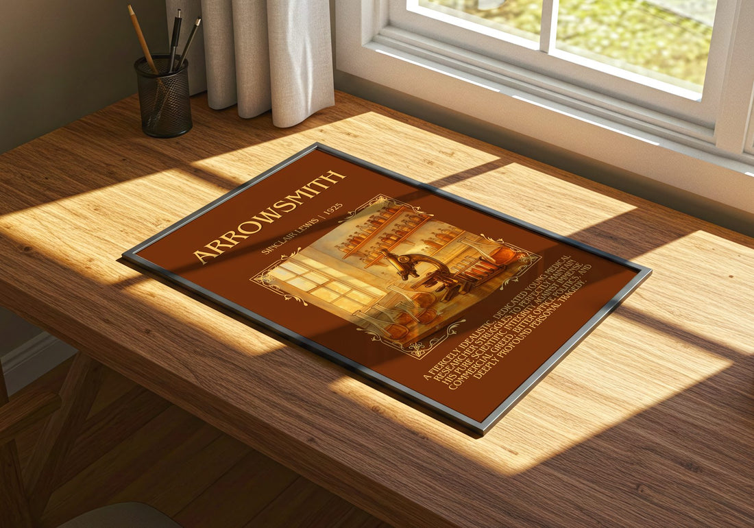 Arrowsmith Minimalist Book Poster by Sinclair Lewis – print on a sunlit desk
