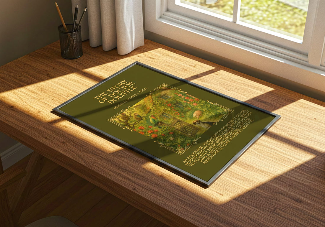 The Story Of Doctor Dolittle Minimalist Book Poster by Hugh Lofting – print on a sunlit desk