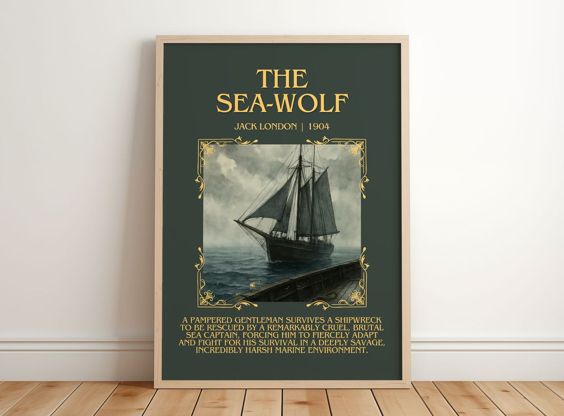 The Sea-Wolf Minimalist Book Poster by Jack London – framed print leaning on a wooden floor