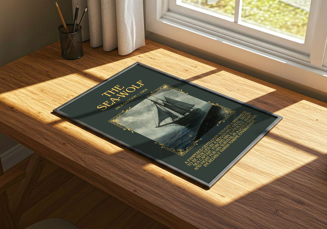 The Sea-Wolf Minimalist Book Poster by Jack London – print on a sunlit desk