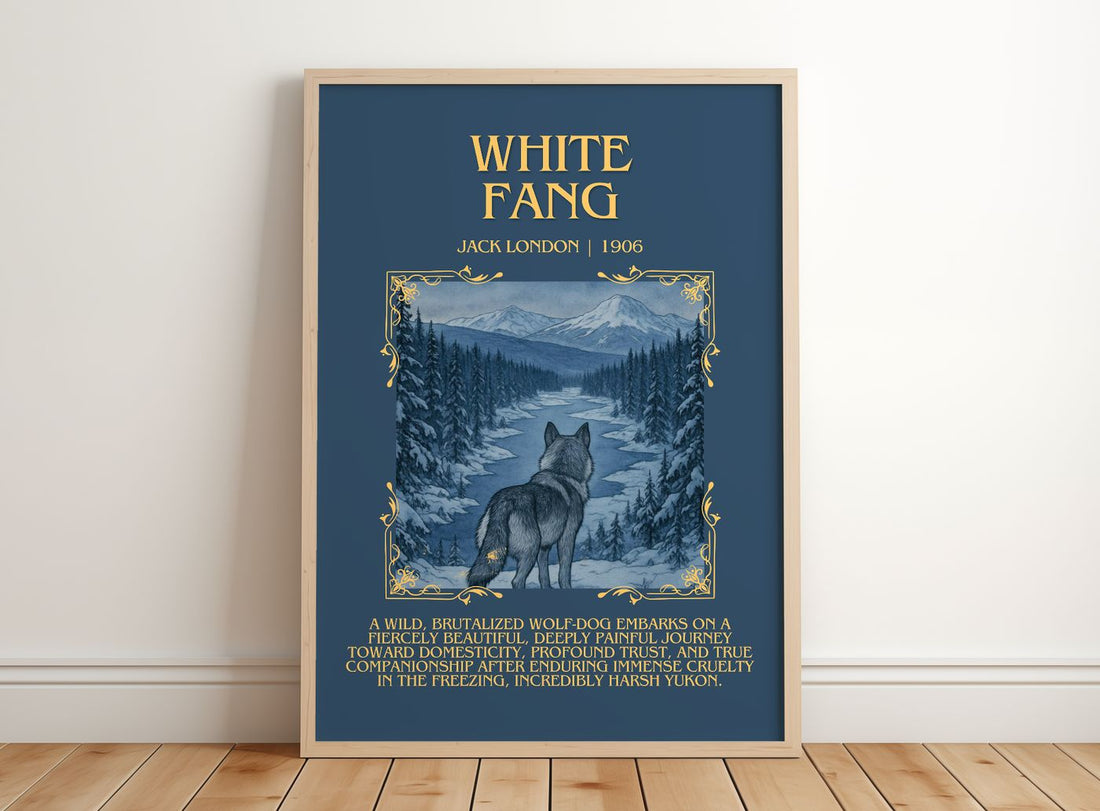 White Fang Minimalist Book Poster by Jack London – framed print leaning on a wooden floor
