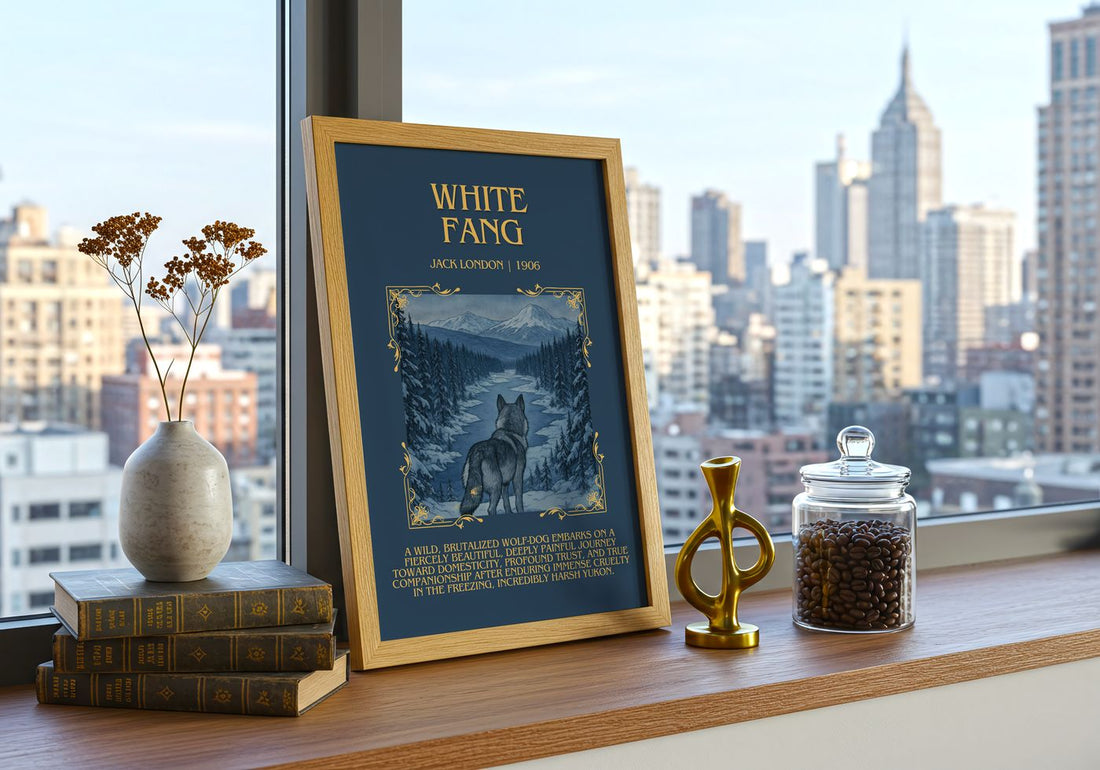 White Fang Minimalist Book Poster by Jack London – framed print on a city-view windowsill