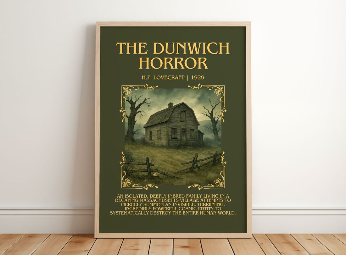 The Dunwich Horror Minimalist Book Poster by H.P. Lovecraft – framed print leaning on a wooden floor