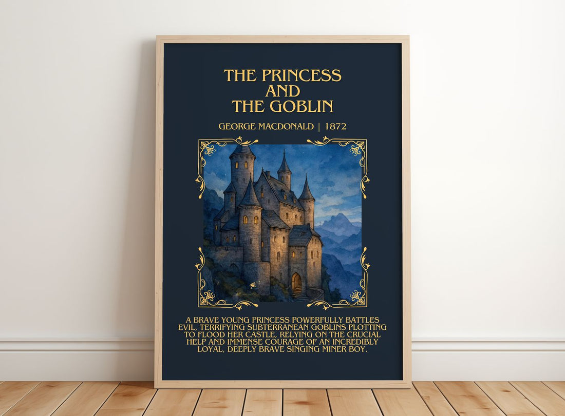 The Princess And The Goblin Minimalist Book Poster by George MacDonald – framed print leaning on a wooden floor