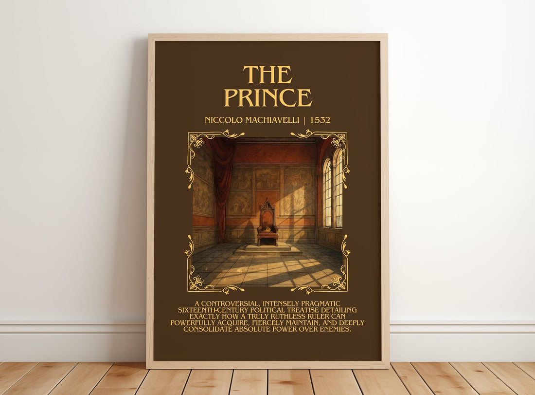 The Prince Minimalist Book Poster by Niccolò Machiavelli – framed print leaning on a wooden floor