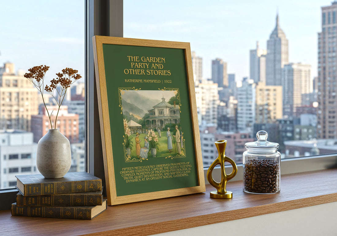 Garden Party And Other Stories Minimalist Book Poster by K. Mansfield – framed print on a city-view windowsill