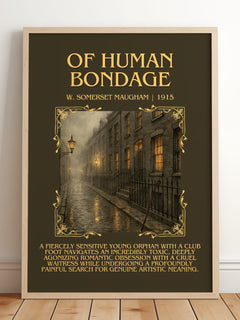 Of Human Bondage Minimalist Book Poster by W. Somerset Maugham – framed print leaning on a wooden floor