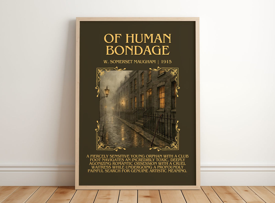 Of Human Bondage Minimalist Book Poster by W. Somerset Maugham – framed print leaning on a wooden floor