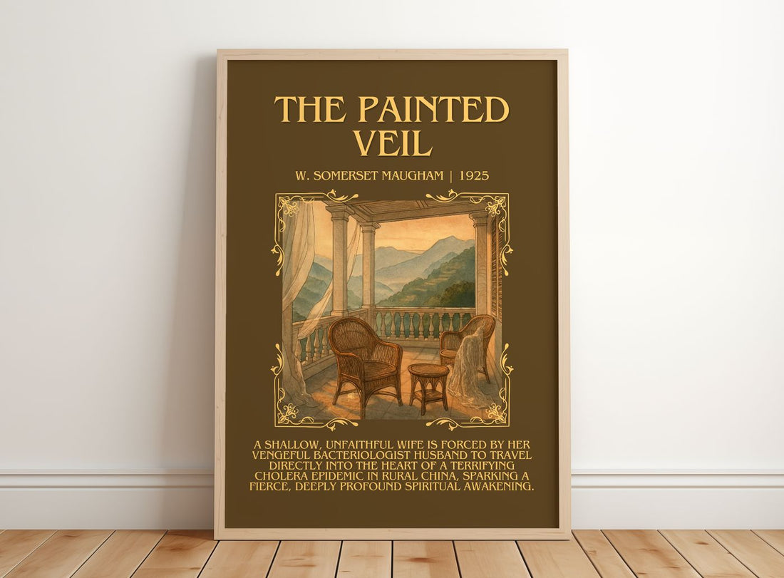 The Painted Veil Minimalist Book Poster by W. Somerset Maugham – framed print leaning on a wooden floor