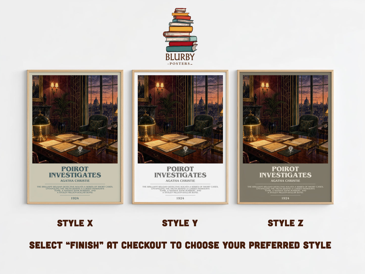 Poirot Investigates bookish print in frame leaning in hallway – mystery wall art