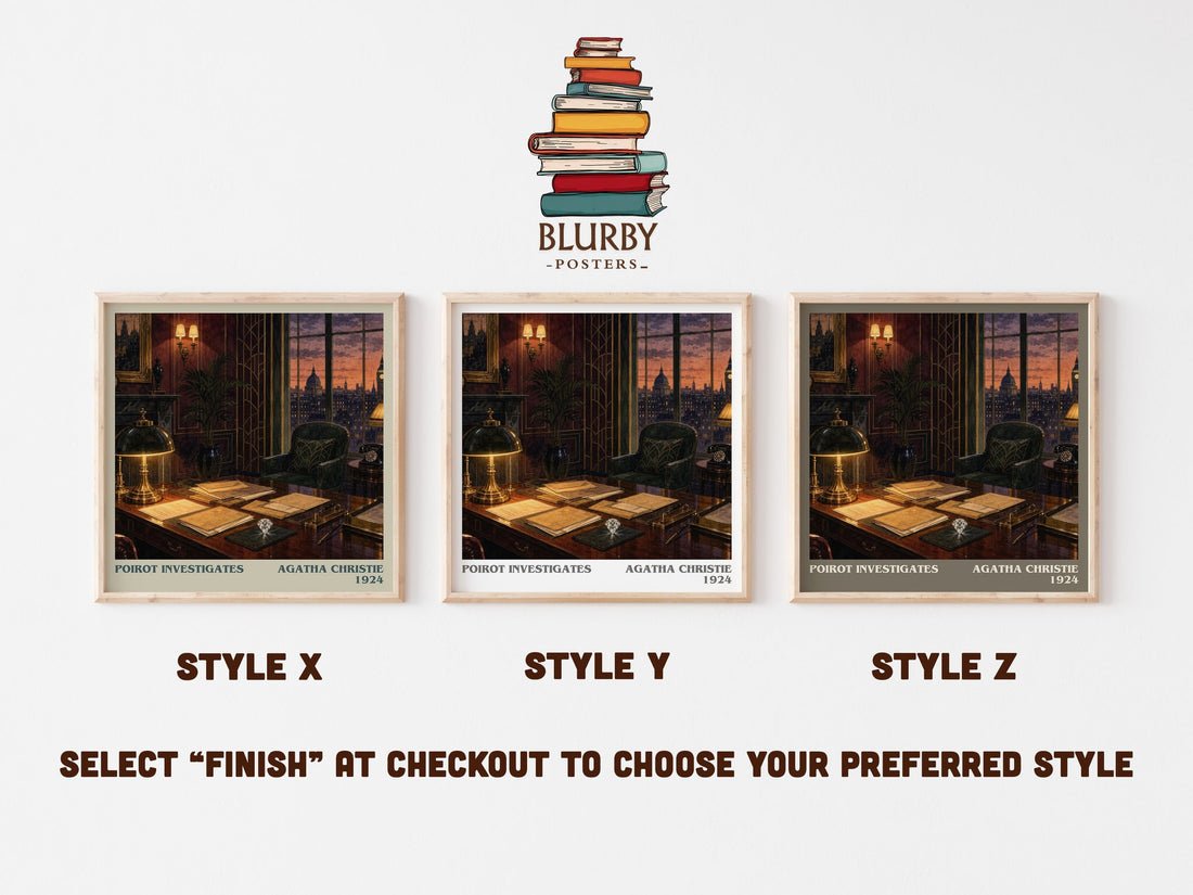Poirot Investigates literary print in frame leaning in hallway – mystery wall art (mockup)