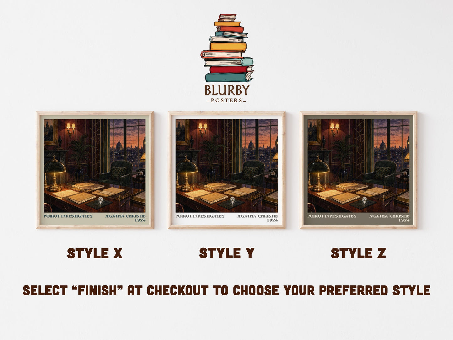 Poirot Investigates literary print in frame leaning in hallway – mystery wall art