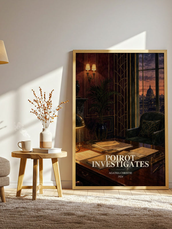 Poirot Investigates watercolour print in frame leaning in hallway – mystery wall art