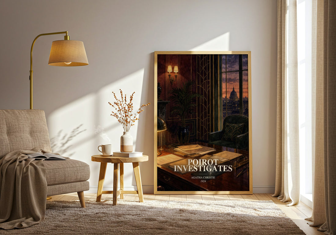Poirot Investigates watercolour print in frame leaning in hallway – mystery wall art (mockup)